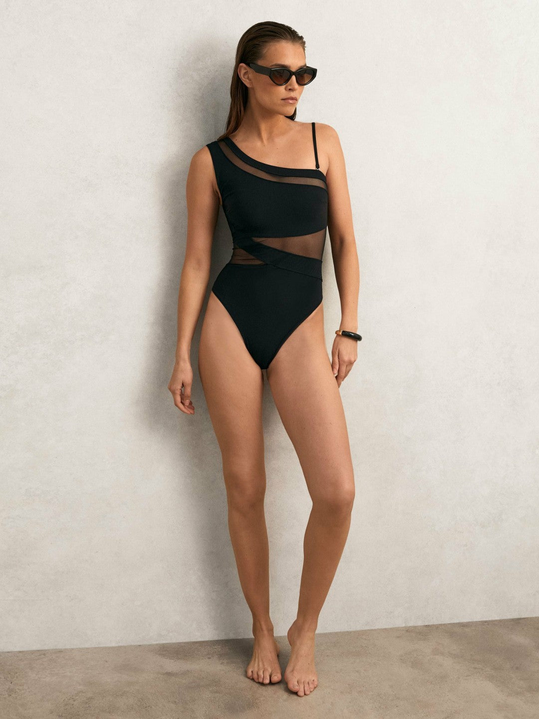 One Shoulder Mesh Panel Swimsuit in Black | Reiss Women Trending