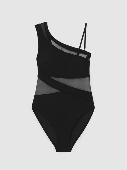 One Shoulder Mesh Panel Swimsuit in Black | Reiss Women Trending