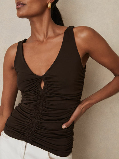 Stretch Lyocell Jersey Ruched Vest in Chocolate Brown | Reiss Women Premium
