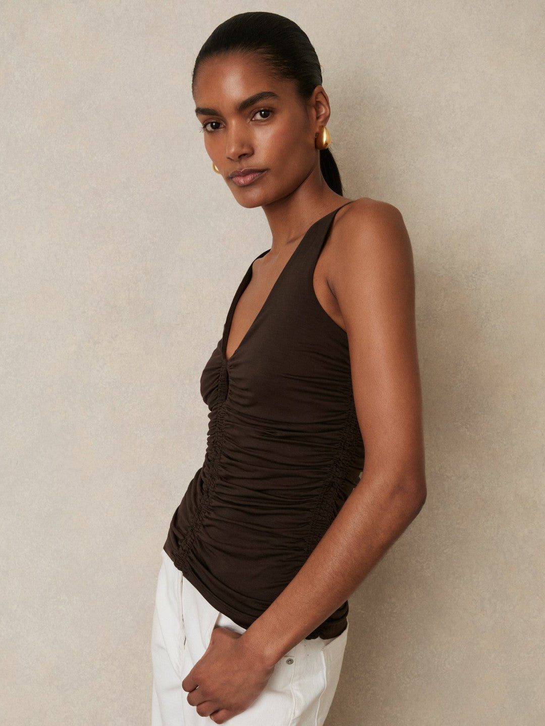 Stretch Lyocell Jersey Ruched Vest in Chocolate Brown | Reiss Women Premium