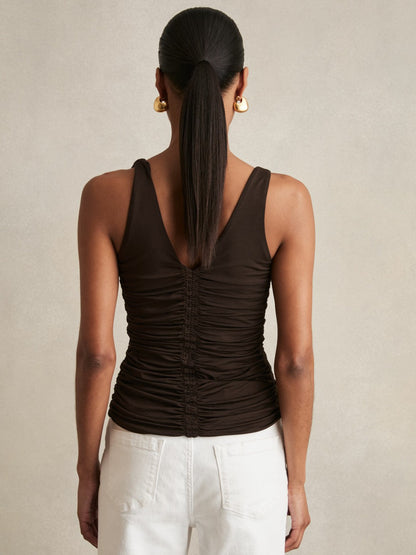 Stretch Lyocell Jersey Ruched Vest in Chocolate Brown | Reiss Women Premium