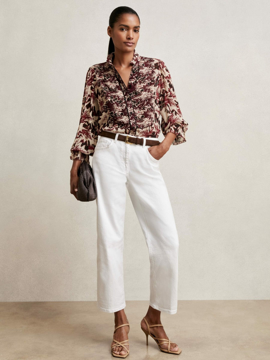 Abstract-Print Ruffle-Neck Shirt in Burgundy/Cream | Reiss Women Popular