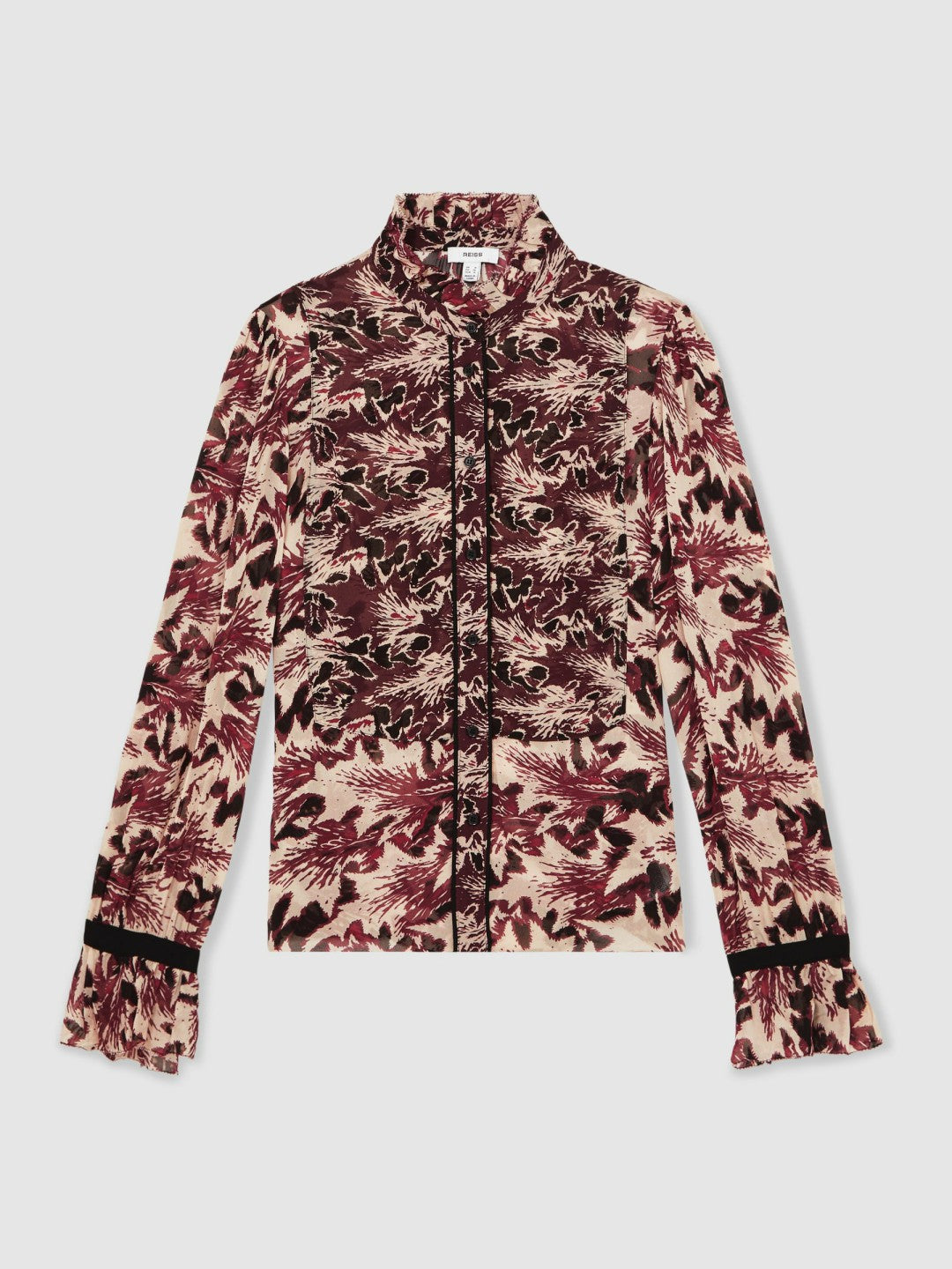 Abstract-Print Ruffle-Neck Shirt in Burgundy/Cream | Reiss Women Popular