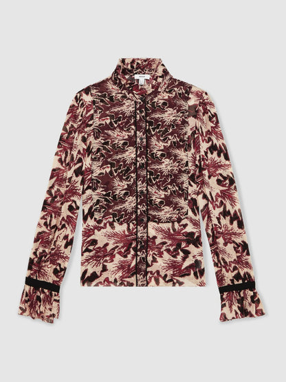 Abstract-Print Ruffle-Neck Shirt in Burgundy/Cream | Reiss Women Popular