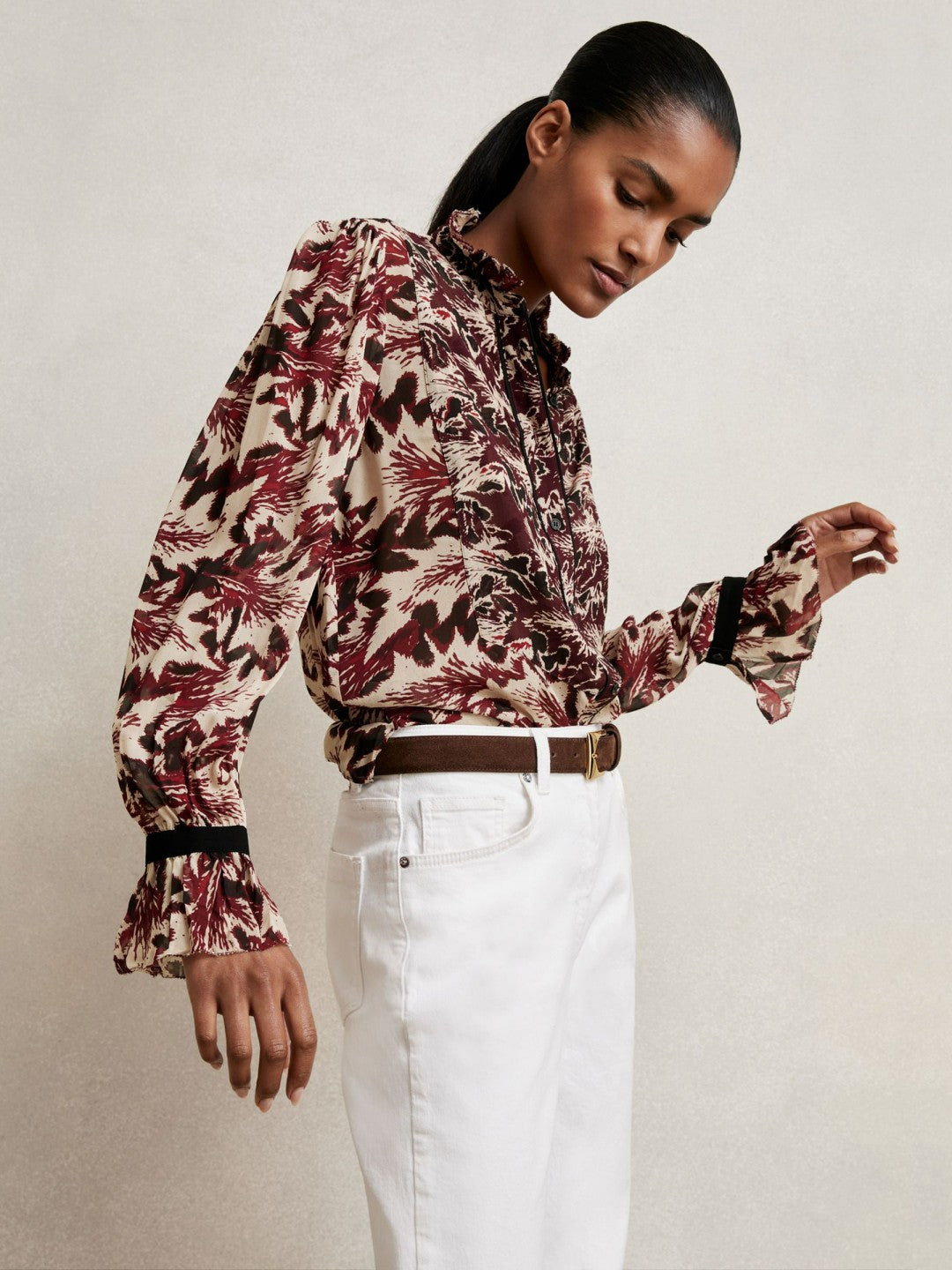 Abstract-Print Ruffle-Neck Shirt in Burgundy/Cream | Reiss Women Popular