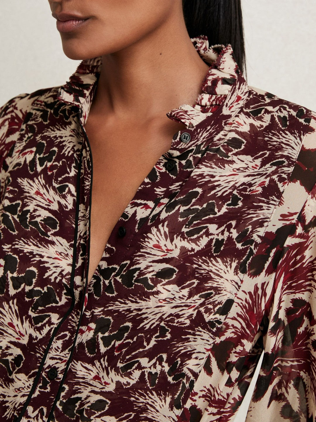 Abstract-Print Ruffle-Neck Shirt in Burgundy/Cream | Reiss Women Popular