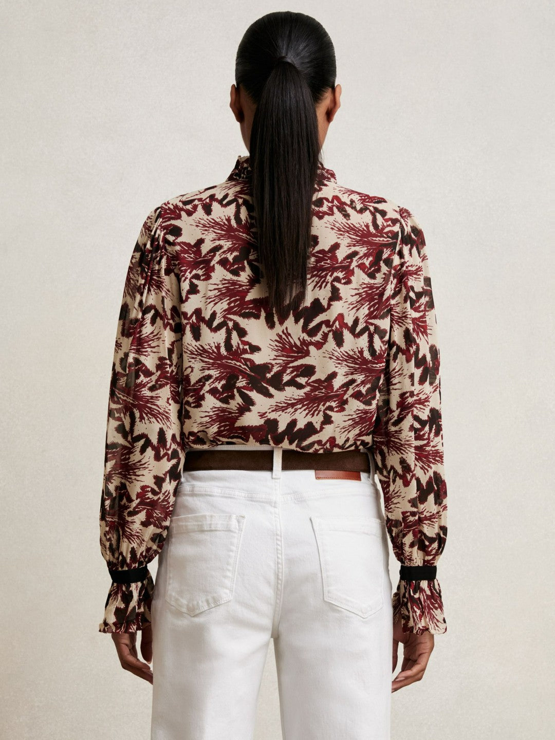 Abstract-Print Ruffle-Neck Shirt in Burgundy/Cream | Reiss Women Popular