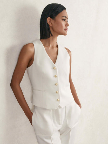 Single-Breasted Twill Waistcoat With Wool in White | Reiss Women Featured