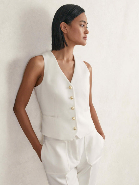 Single-Breasted Twill Waistcoat With Wool in White | Reiss Women Featured