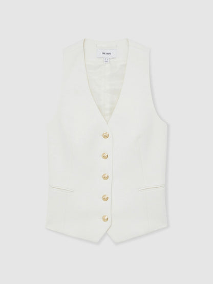 Single-Breasted Twill Waistcoat With Wool in White | Reiss Women Featured