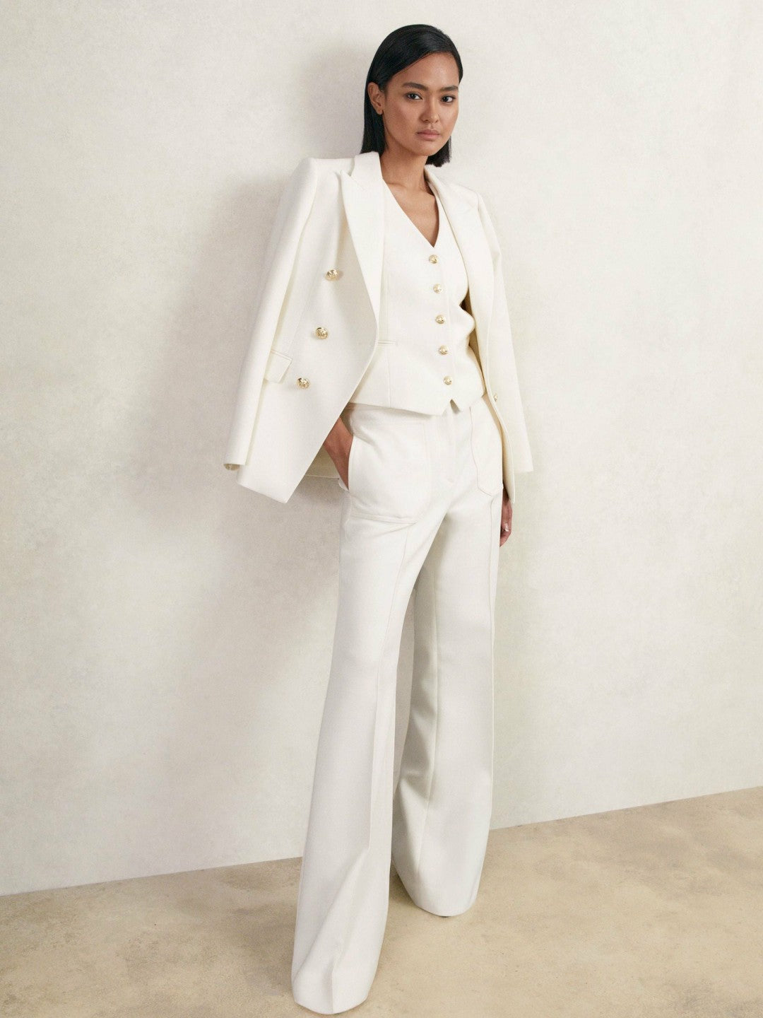 Single-Breasted Twill Waistcoat With Wool in White | Reiss Women Featured