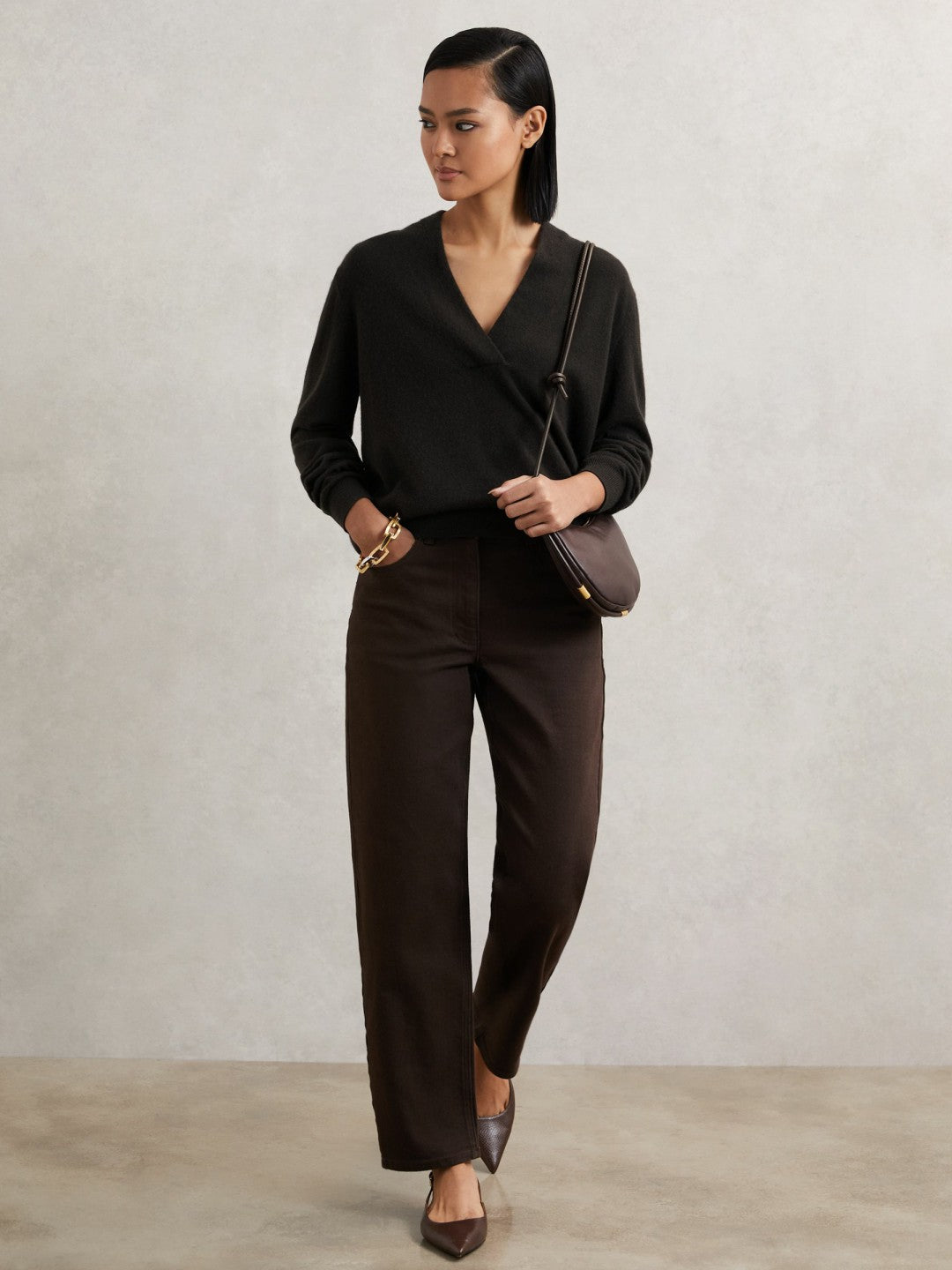 Cashmere V-Neck Jumper in Chocolate Brown | Reiss Women Featured