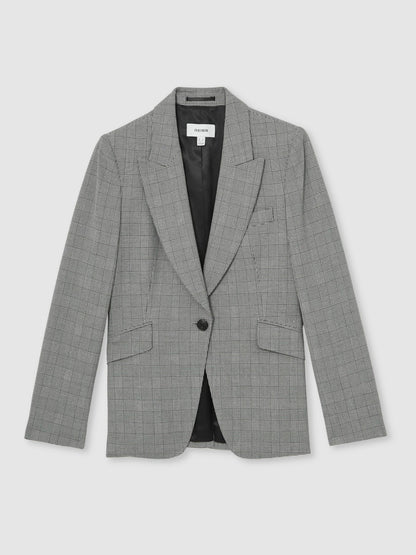 Petite Single-Breasted Check Suit Blazer in Grey | Reiss Women Signature