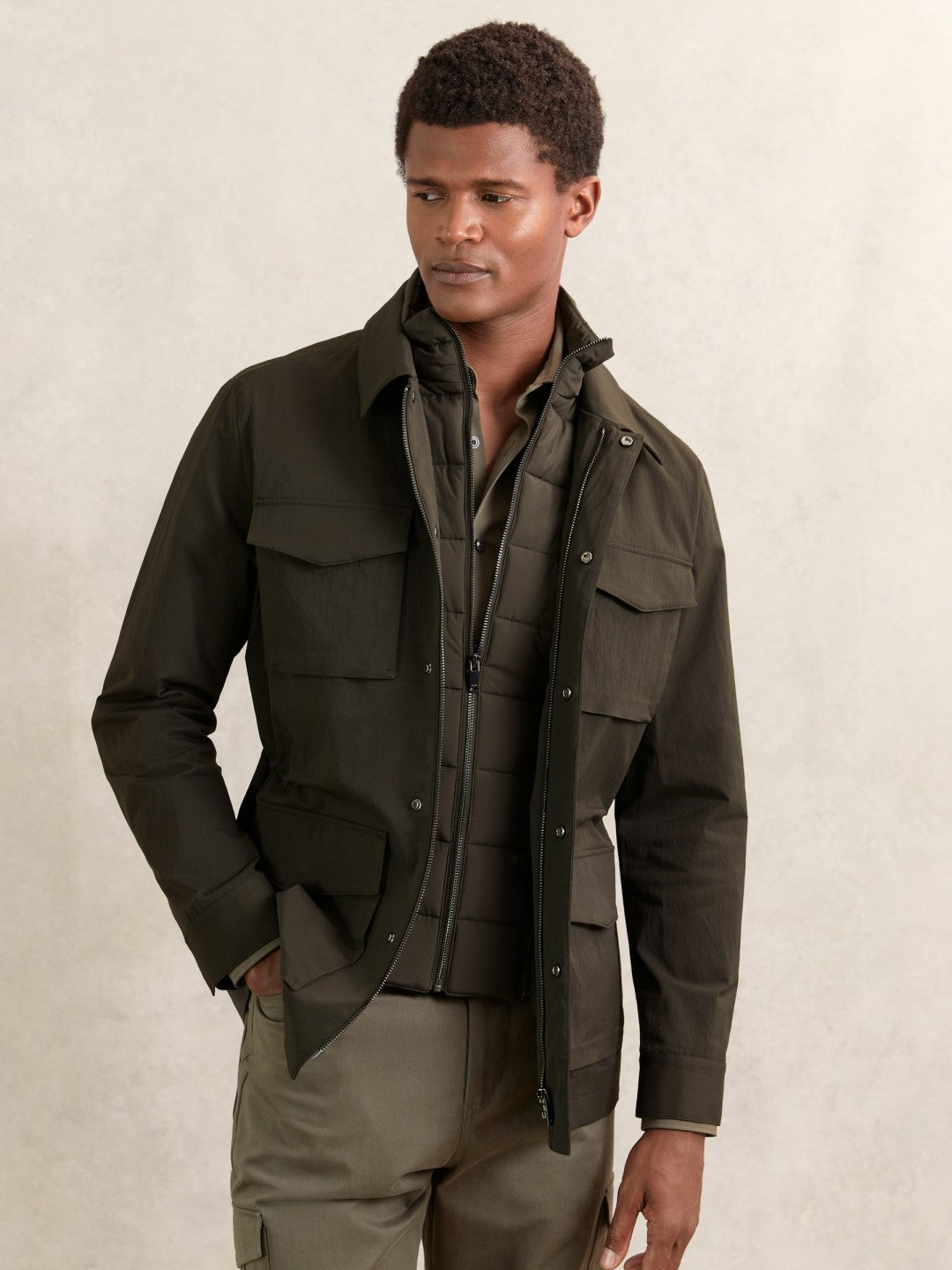 Removable-Gilet Safari Jacket in Green | Reiss Men Premium
