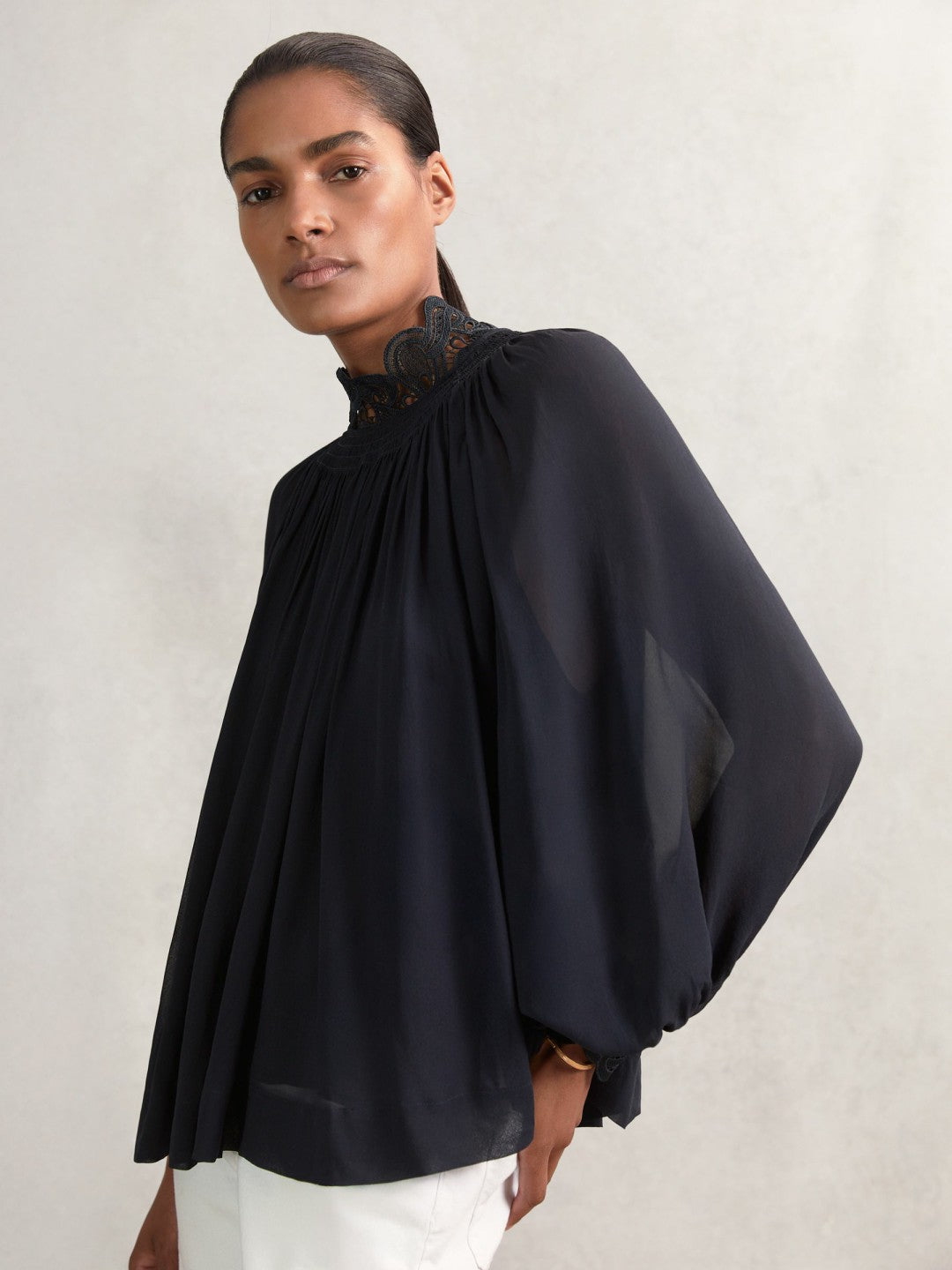 Lace-Trim Draped Chiffon Top in Navy | Reiss Women Recommended