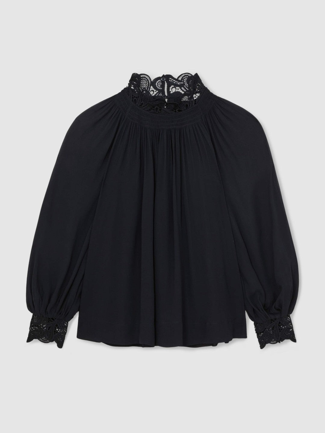 Lace-Trim Draped Chiffon Top in Navy | Reiss Women Recommended