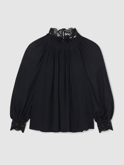 Lace-Trim Draped Chiffon Top in Navy | Reiss Women Recommended