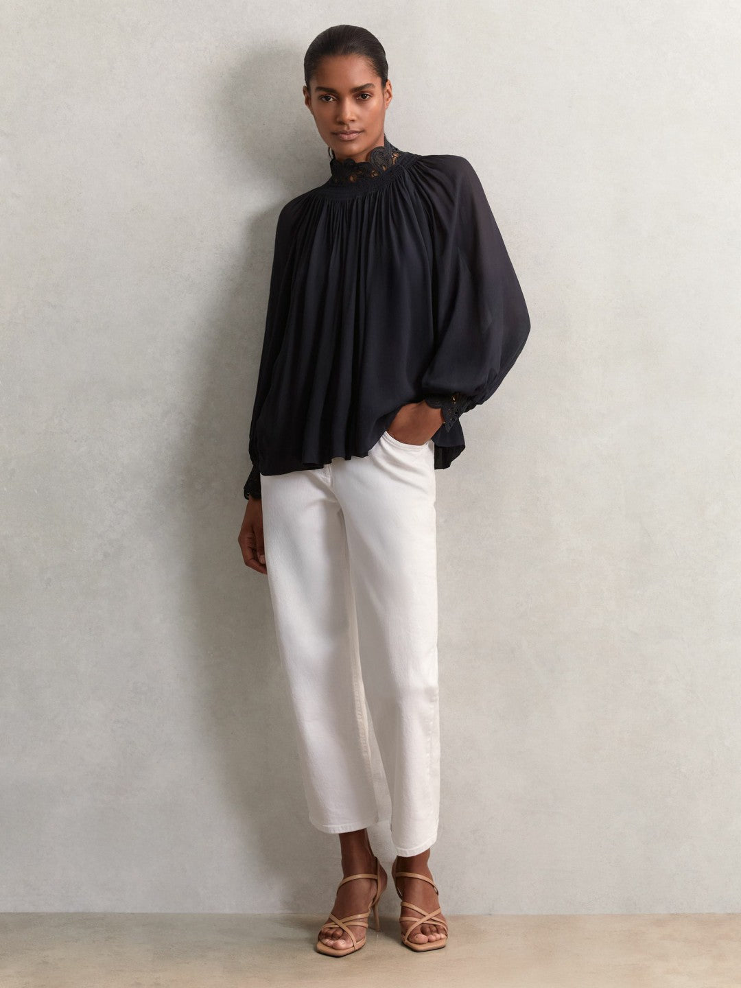 Lace-Trim Draped Chiffon Top in Navy | Reiss Women Recommended