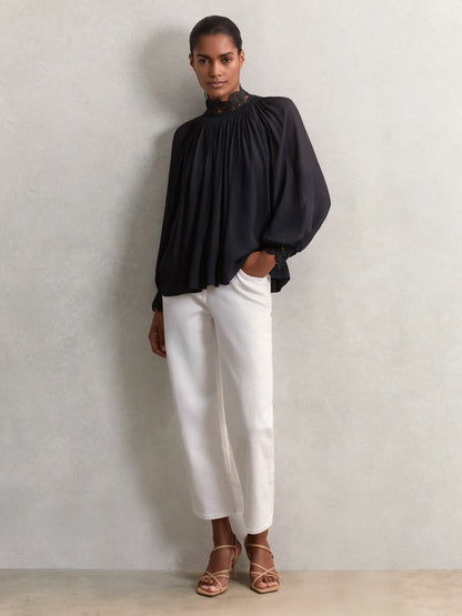 Lace-Trim Draped Chiffon Top in Navy | Reiss Women Recommended