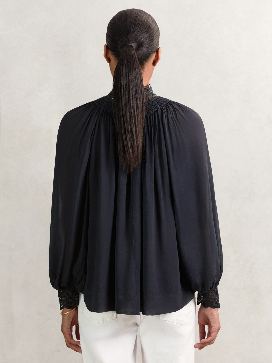 Lace-Trim Draped Chiffon Top in Navy | Reiss Women Recommended