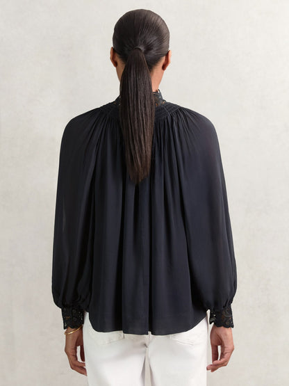 Lace-Trim Draped Chiffon Top in Navy | Reiss Women Recommended