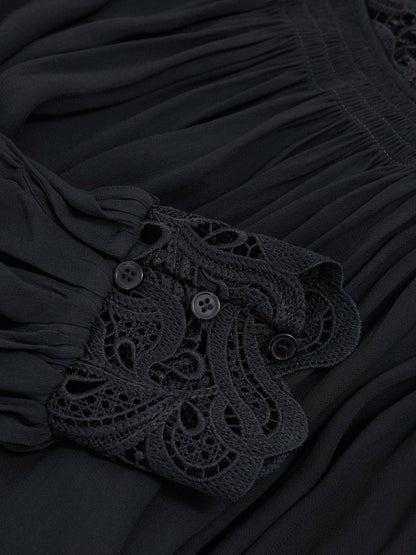Lace-Trim Draped Chiffon Top in Navy | Reiss Women Recommended