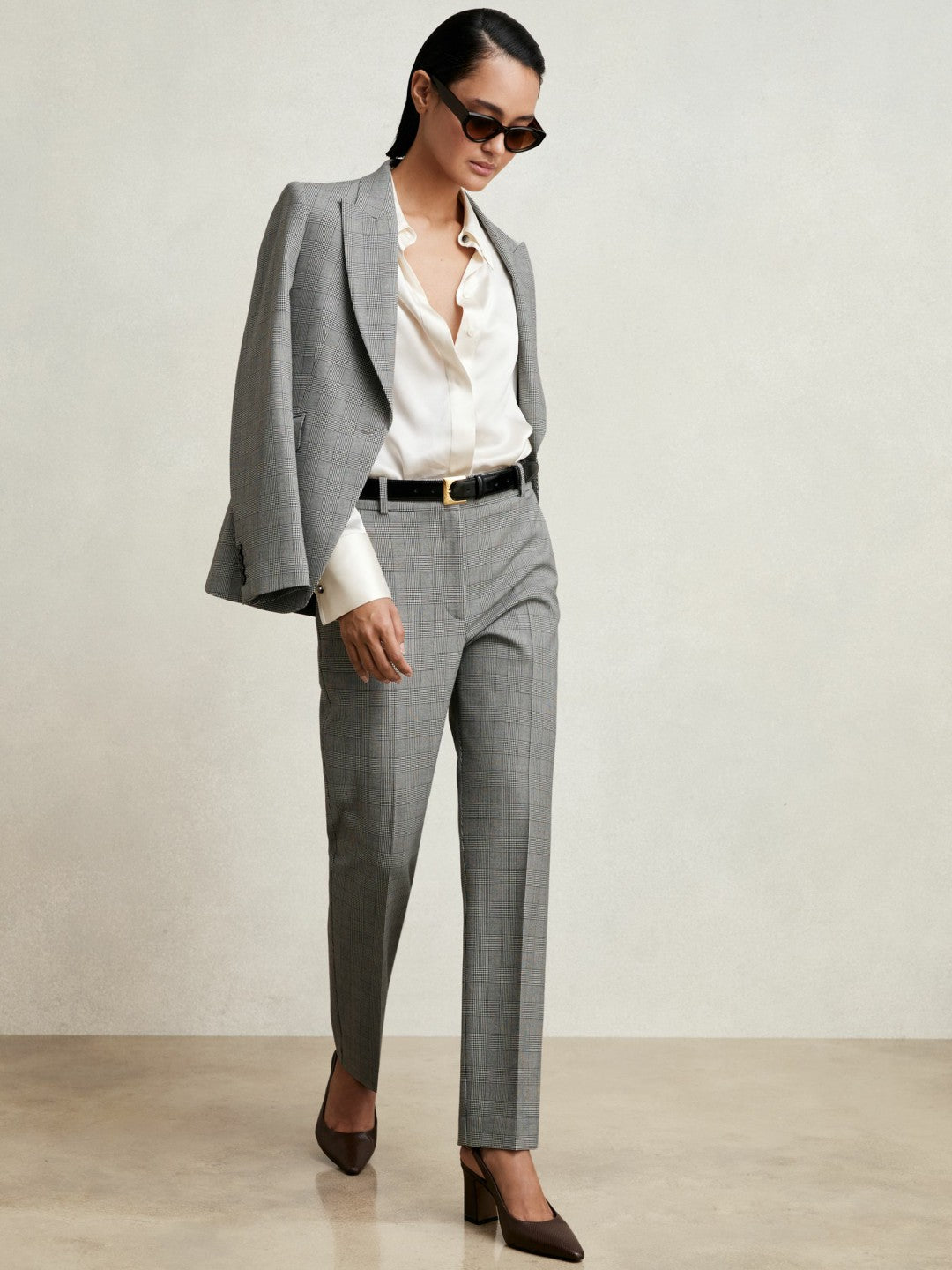 Petite Check Slim-Fit Suit Trousers in Grey | Reiss Women Exclusive