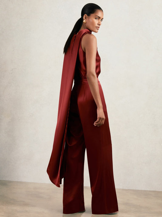 Petite Satin Cape-Sash Jumpsuit in Dark Red | Reiss Women Trending