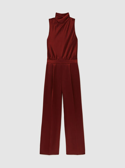 Petite Satin Cape-Sash Jumpsuit in Dark Red | Reiss Women Trending