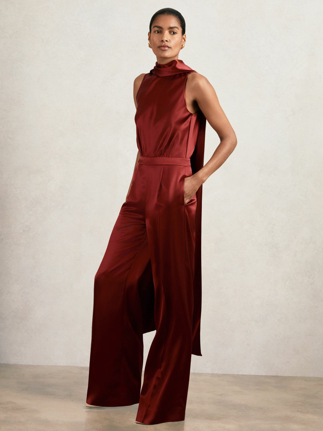 Petite Satin Cape-Sash Jumpsuit in Dark Red | Reiss Women Trending