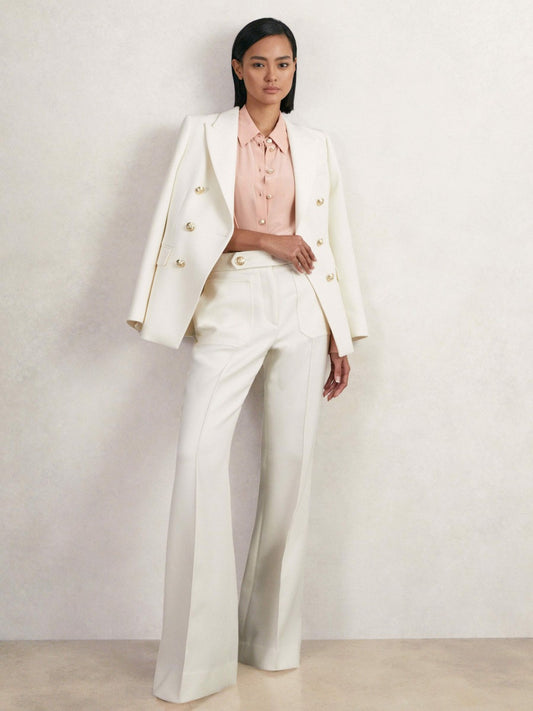 Petite Twill Button-Tab Flared Trousers With Wool in White | Reiss Women Signature