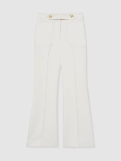 Petite Twill Button-Tab Flared Trousers With Wool in White | Reiss Women Signature