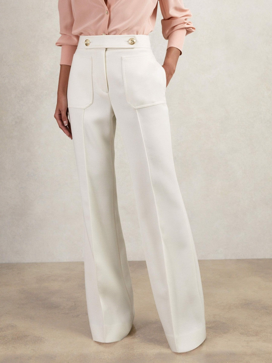 Petite Twill Button-Tab Flared Trousers With Wool in White | Reiss Women Signature