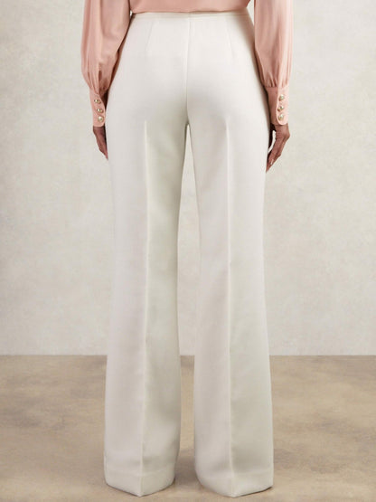 Petite Twill Button-Tab Flared Trousers With Wool in White | Reiss Women Signature