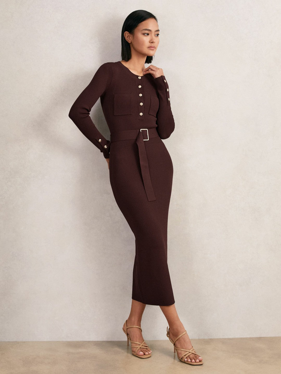 Buttoned Rib-Knit Midi Dress in Burgundy | Reiss Women Exclusive