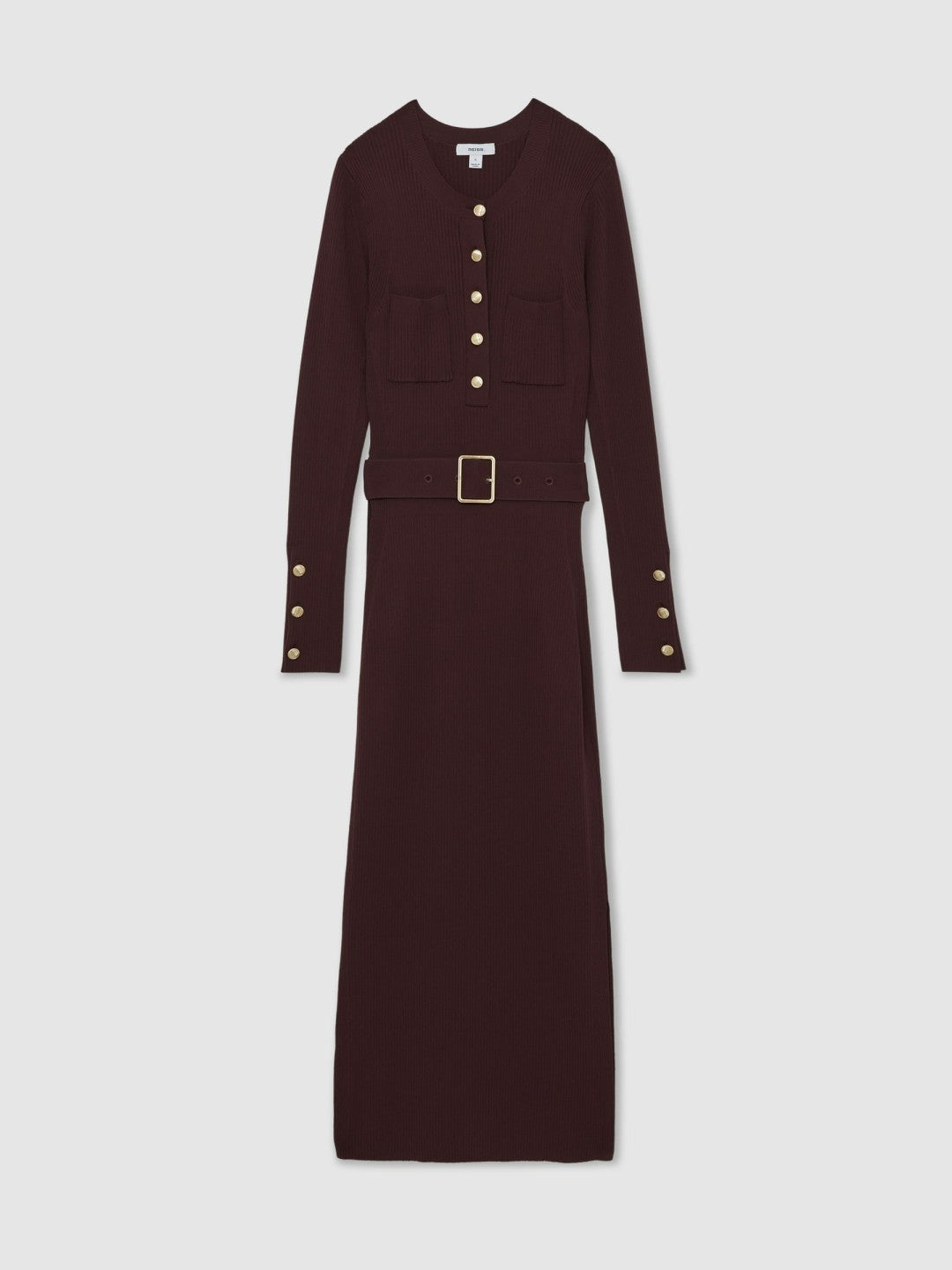 Buttoned Rib-Knit Midi Dress in Burgundy | Reiss Women Exclusive