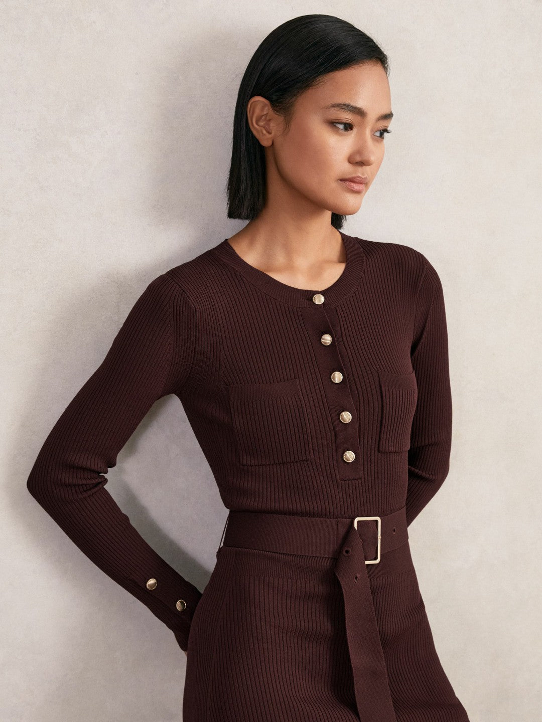 Buttoned Rib-Knit Midi Dress in Burgundy | Reiss Women Exclusive