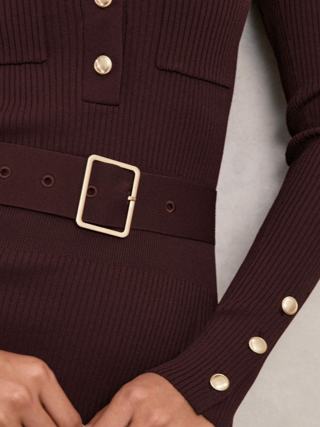 Buttoned Rib-Knit Midi Dress in Burgundy | Reiss Women Exclusive