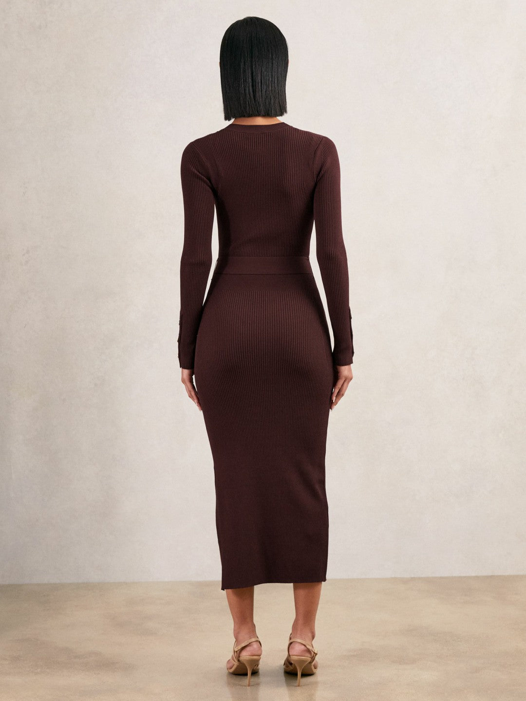 Buttoned Rib-Knit Midi Dress in Burgundy | Reiss Women Exclusive