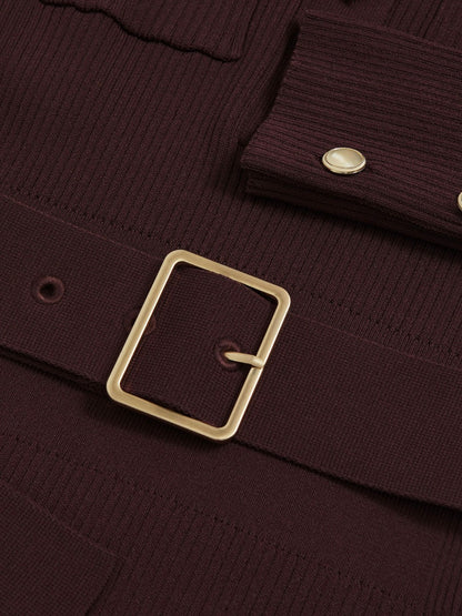 Buttoned Rib-Knit Midi Dress in Burgundy | Reiss Women Exclusive
