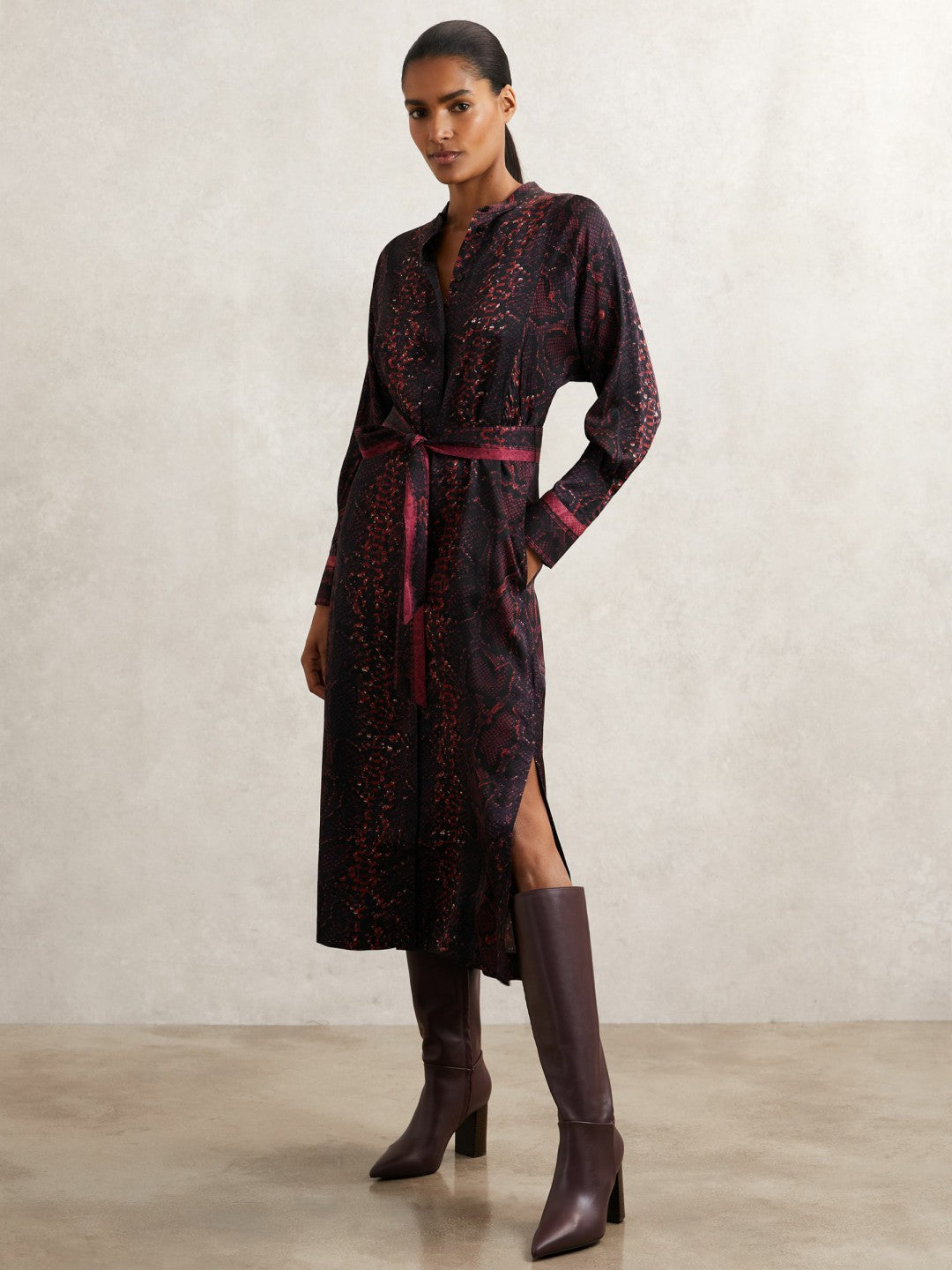 Snake-Print Belted Shirt Dress in Burgundy/Black | Reiss Women Recommended
