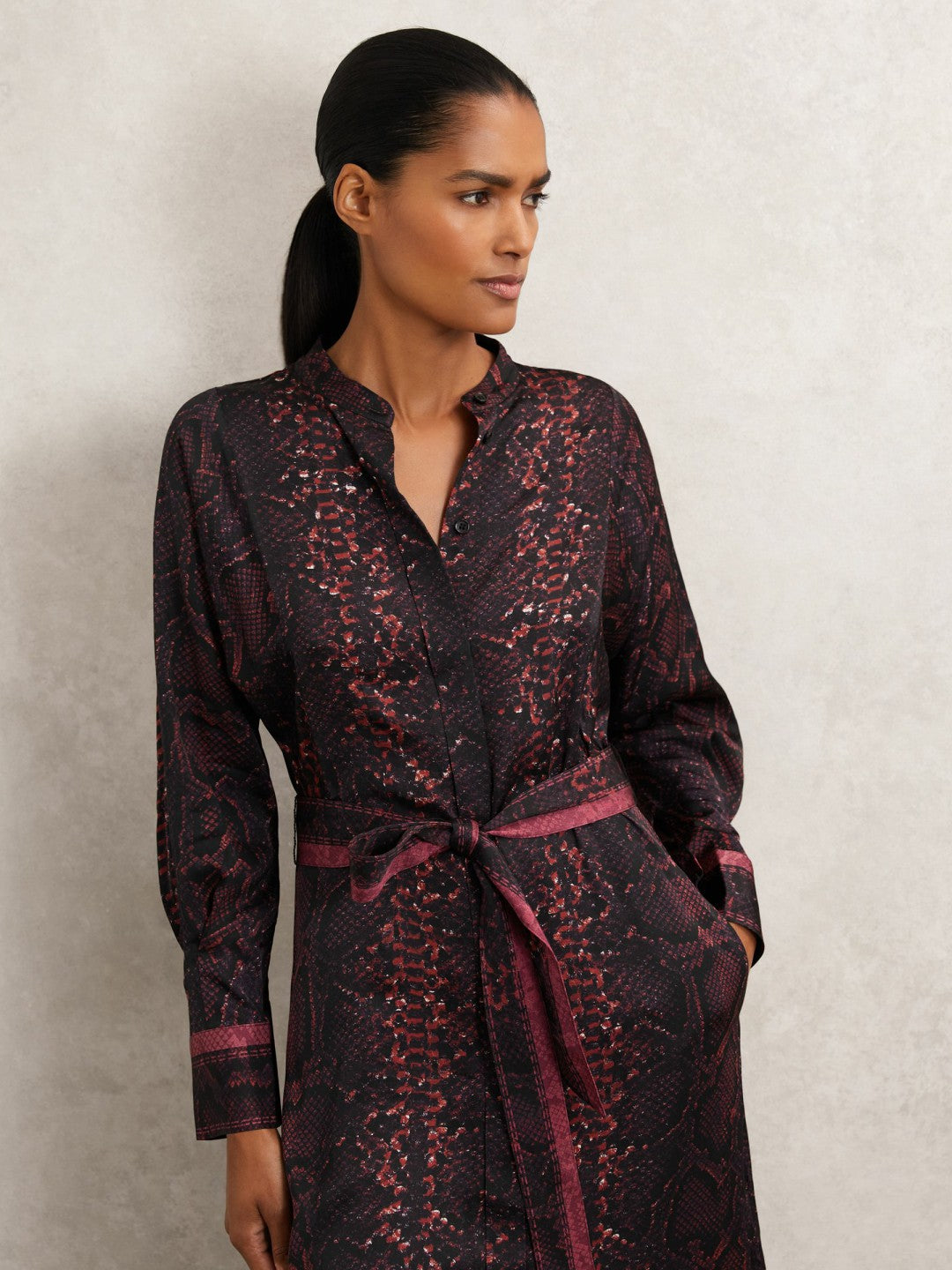 Snake-Print Belted Shirt Dress in Burgundy/Black | Reiss Women Recommended