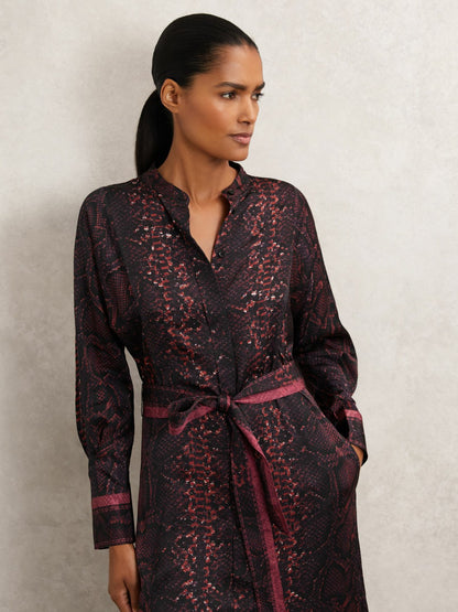 Snake-Print Belted Shirt Dress in Burgundy/Black | Reiss Women Recommended