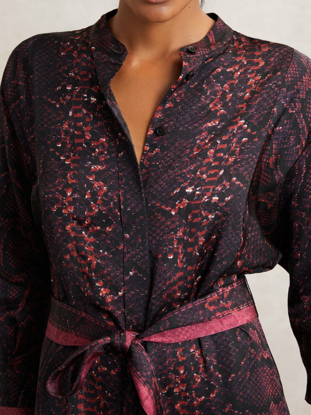 Snake-Print Belted Shirt Dress in Burgundy/Black | Reiss Women Recommended