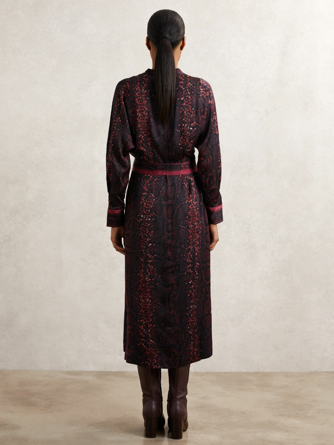 Snake-Print Belted Shirt Dress in Burgundy/Black | Reiss Women Recommended