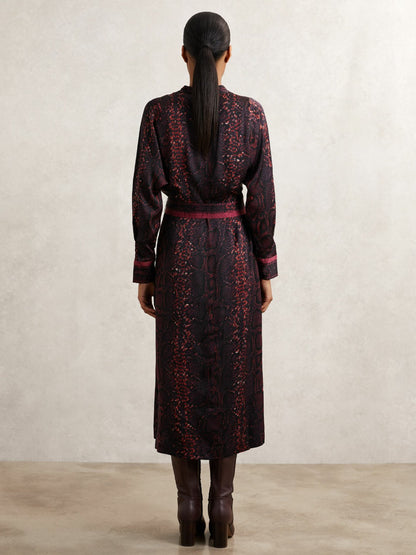 Snake-Print Belted Shirt Dress in Burgundy/Black | Reiss Women Recommended
