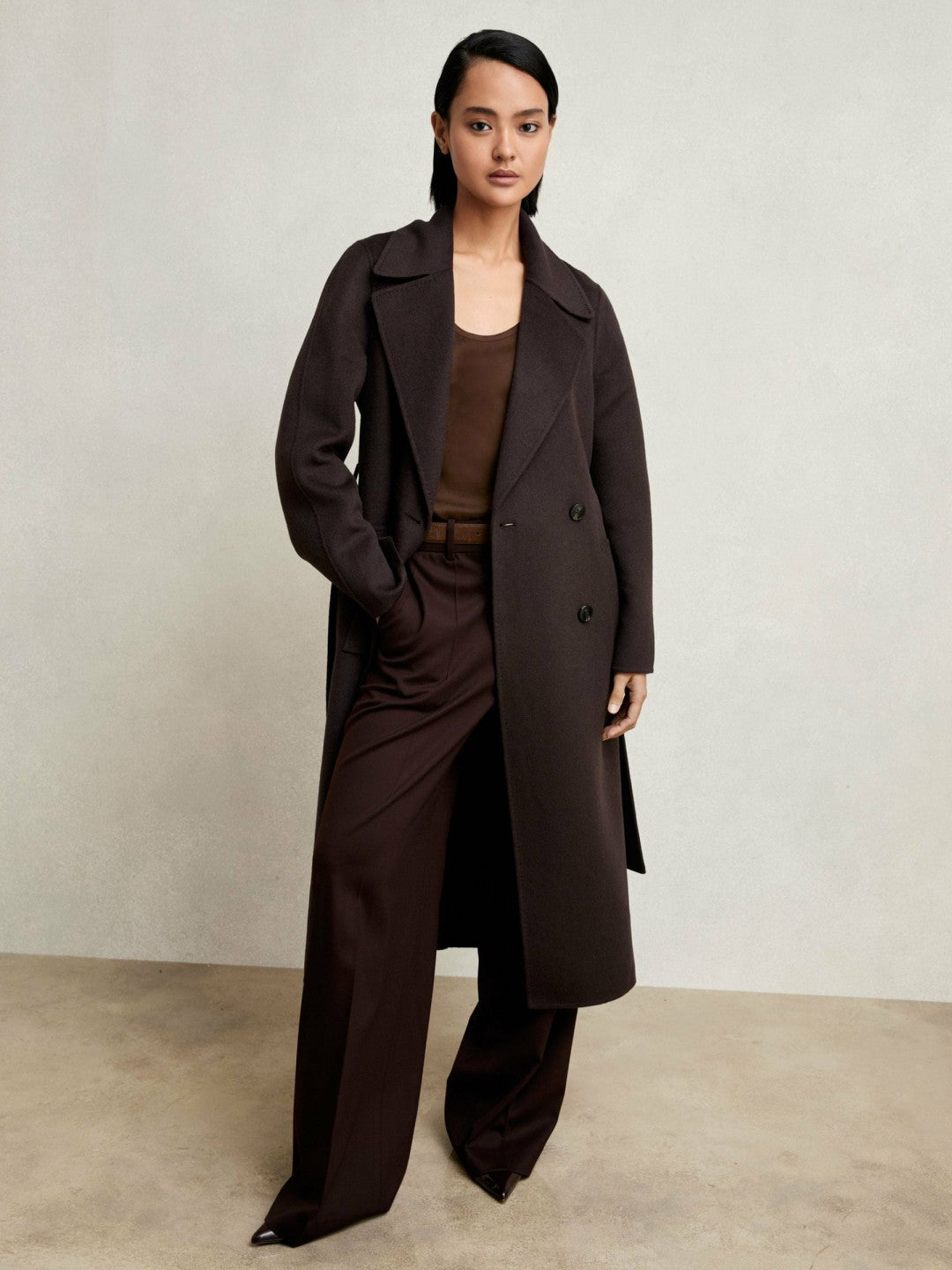 Double-Breasted Blindseam Coat Wool-Blend in Aubergine | Reiss Women Recommended
