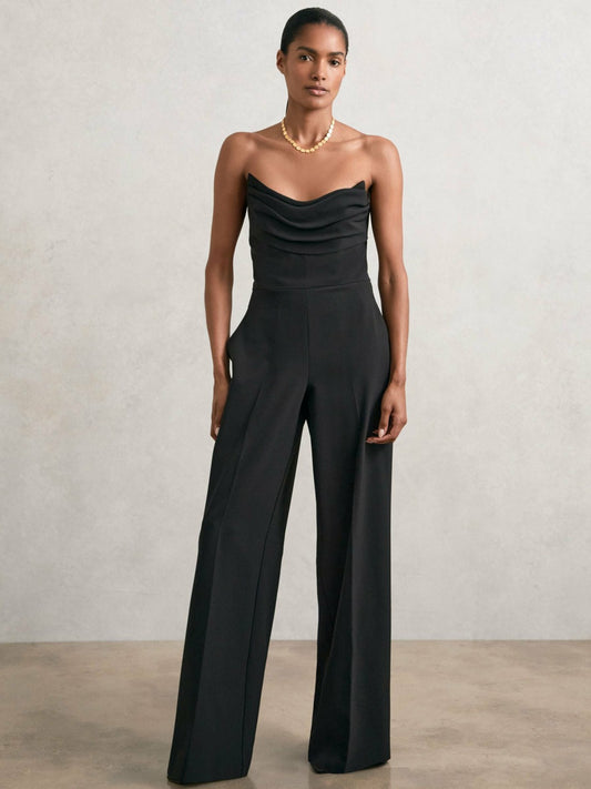 Structured Strapless Wide-Leg Jumpsuit in Black | Reiss Women New