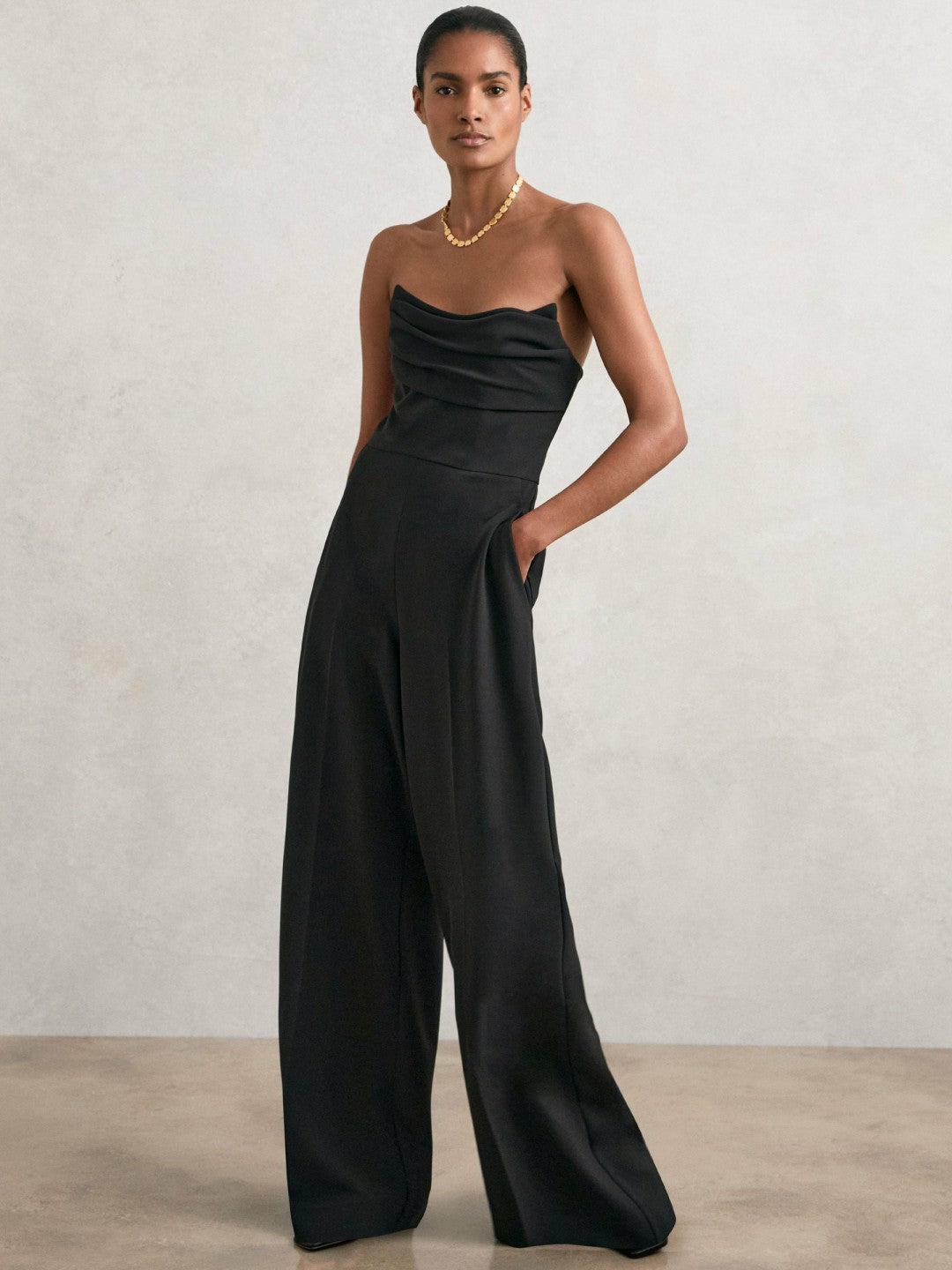 Structured Strapless Wide-Leg Jumpsuit in Black | Reiss Women New