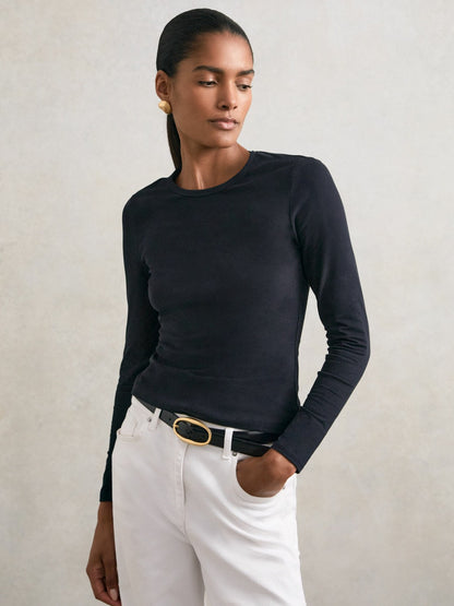 Cotton Crew-Neck Long-Sleeve T-Shirt With Stretch in Black | Reiss Women Best Seller